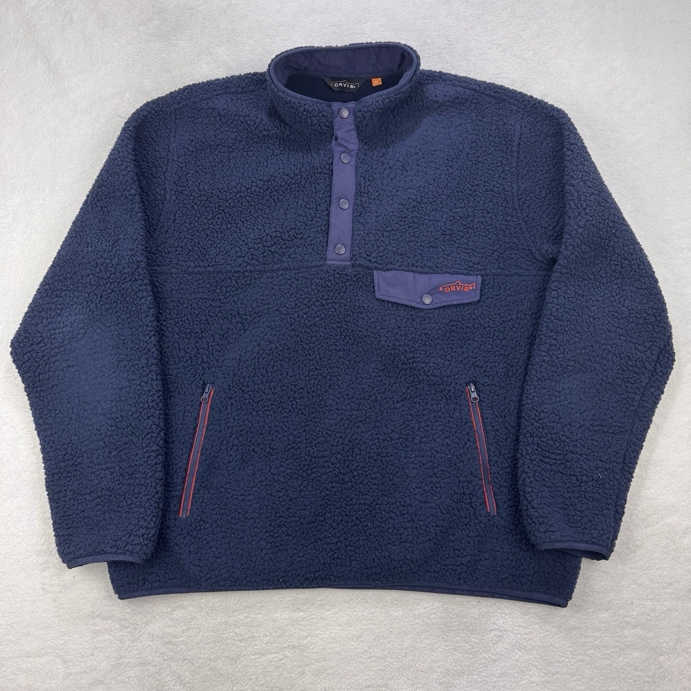 Orvis Mens XL Sherpa Fleece Pullover Jacket Navy Blue 2MYB Kangaroo Pocket‎